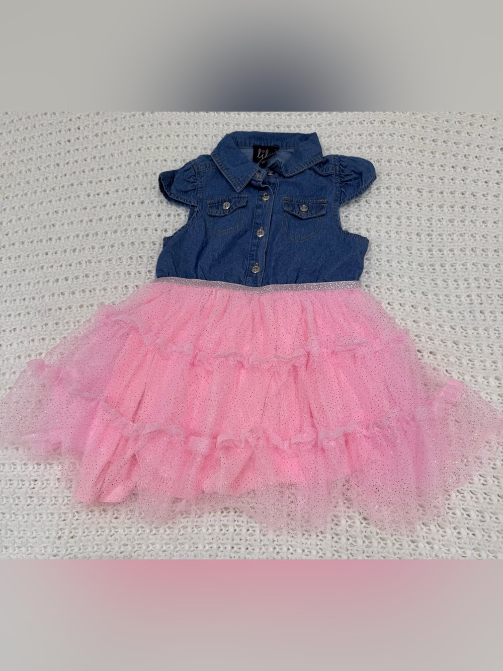 Lilt Girls' Short-Sleeve Denim Bodice and Layered Tulle Tutu Dress in pink Sz 4T